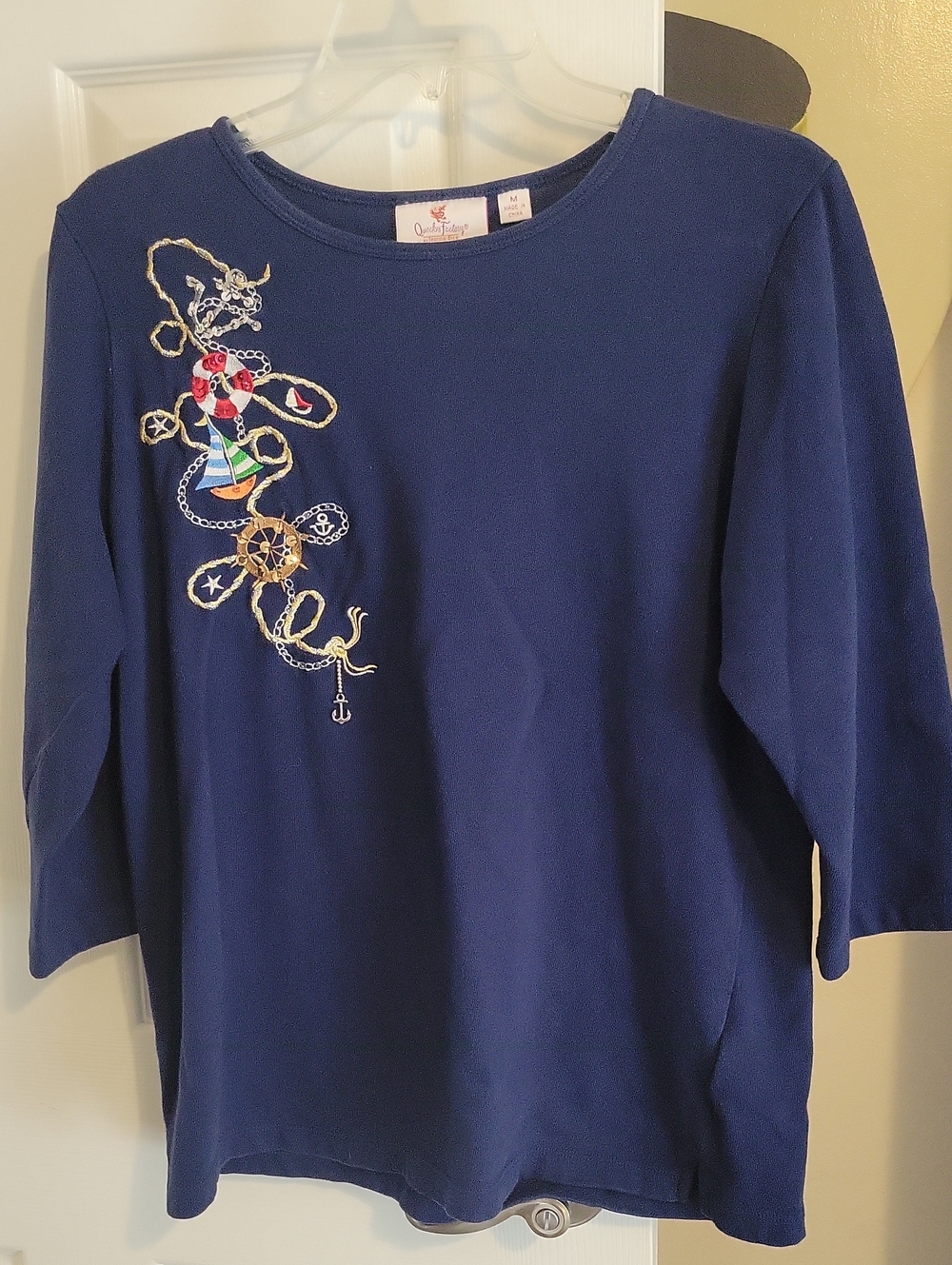 Quaker Facory SzM 100% Cotton Navy Embroidered Nautical Scoop Neck Top